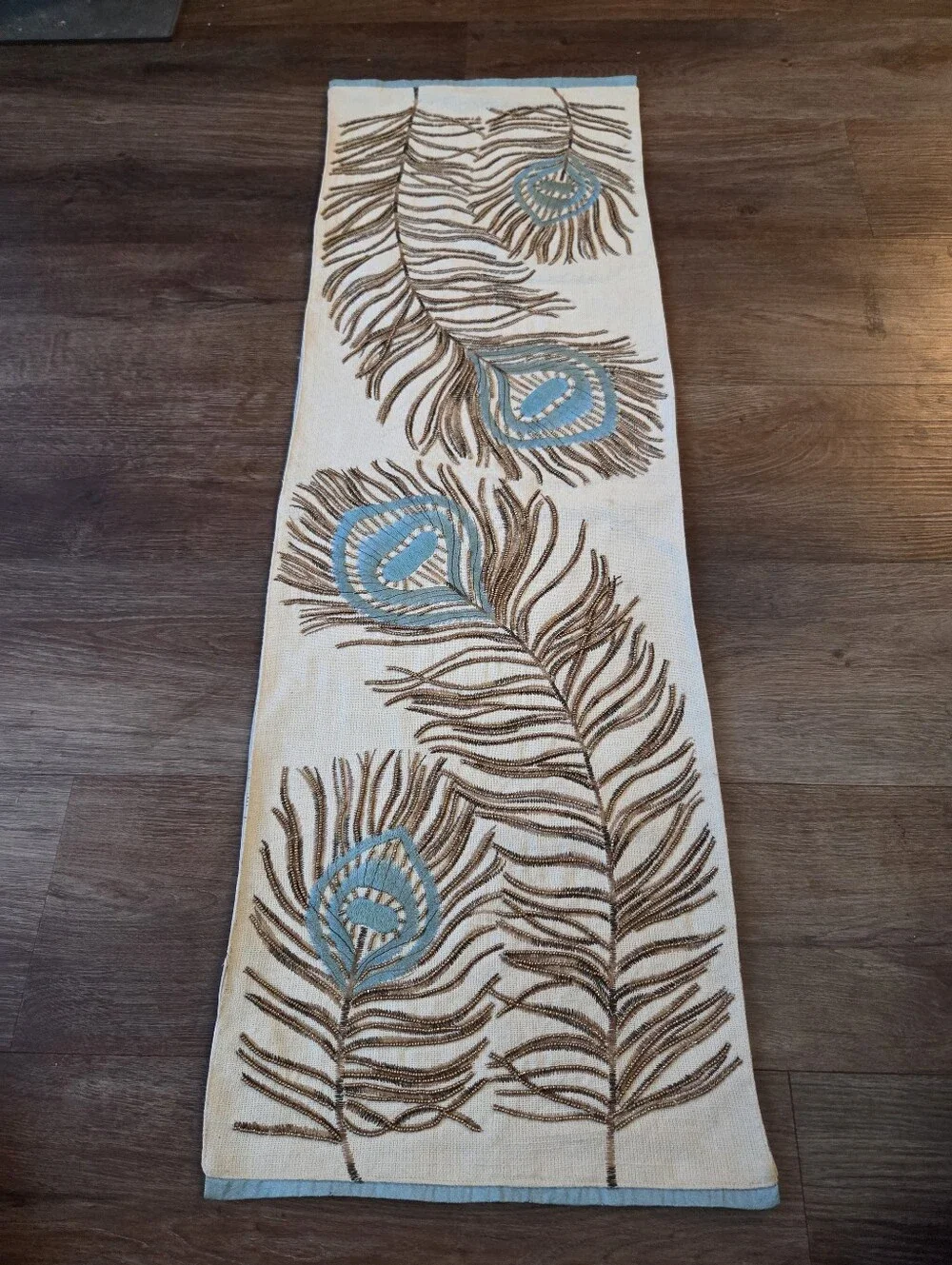 Pier 1 Imports Table Runner Beaded Peacock Feather Biege/Cream with Blue